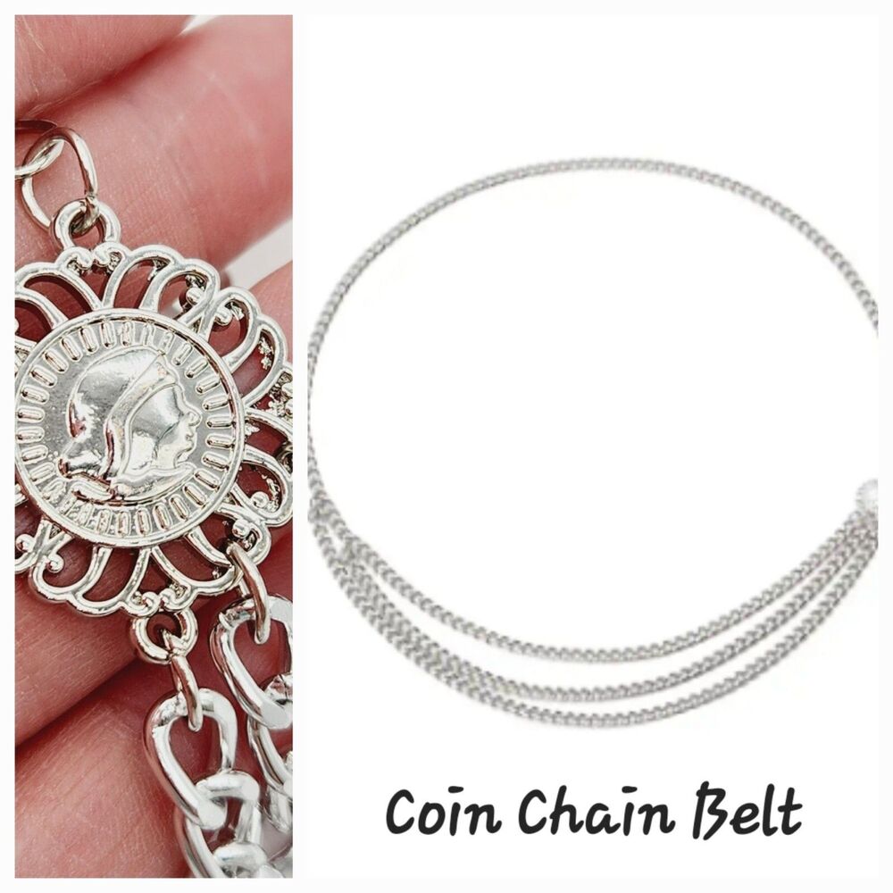 Retro Y2K Coin Belt 15-36" Layered 3 Strand Front Chain Cameo Coin Dangle Chic